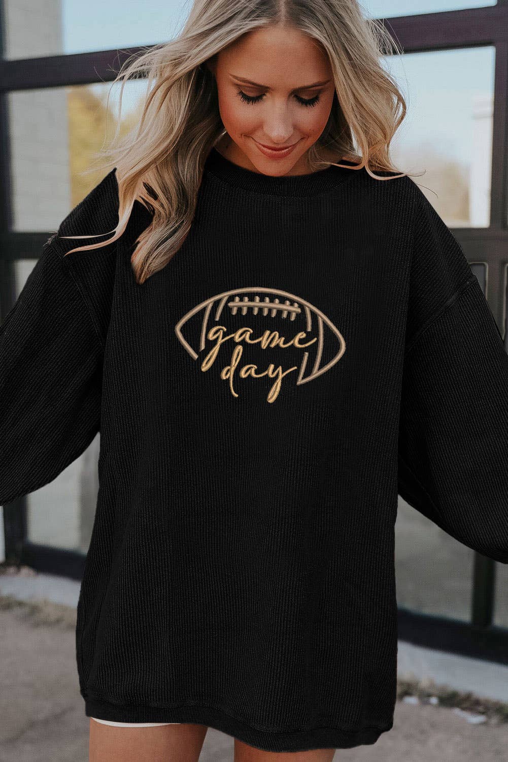 Game Day Oversized Ribbed Sweatshirt with Embroidery