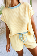 LDC Casual Solid Colorblock Short Sleeve Set|XS-4X: Yellow Cream / XL