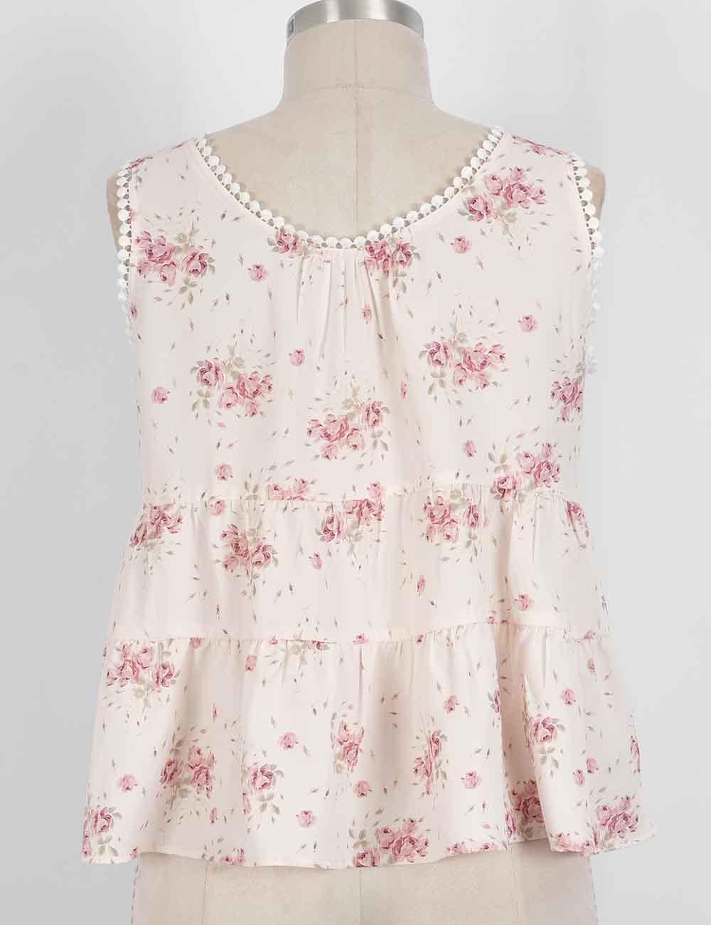 Ladies Boho Floral Print Tie Front Scoop Neck Sleeveless Top