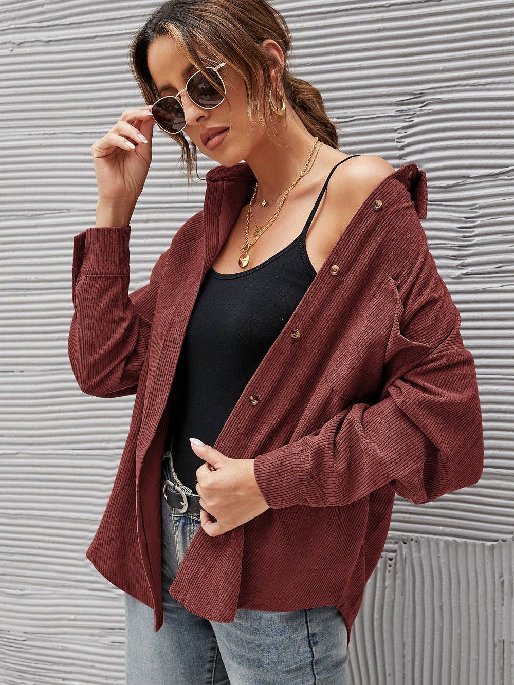 Oversized Corduroy Button-Up Shirt with Chest Pocket