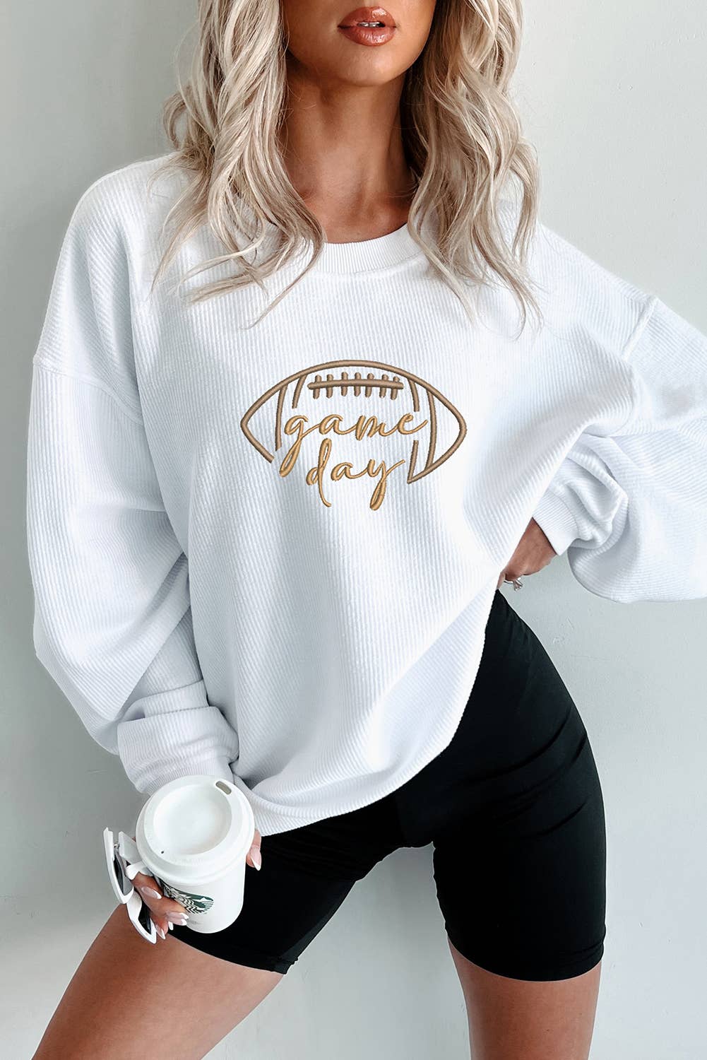Game Day Oversized Ribbed Sweatshirt with Embroidery