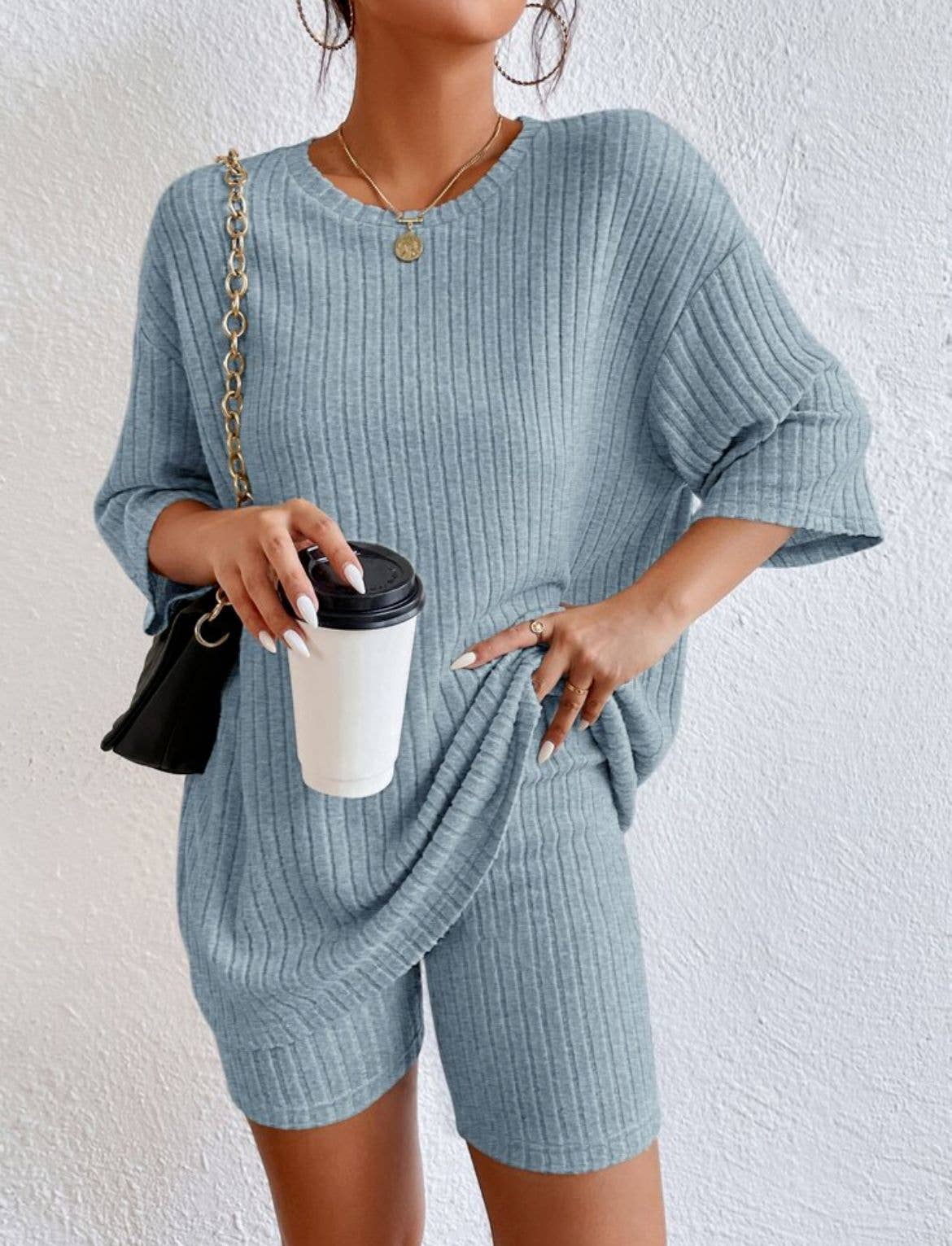 Solid ribbed oversized tee and biker shorts set