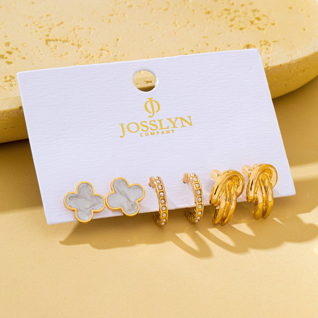 Gold-Tone Clover Pearl Huggie Hoop Earring Trio Set
