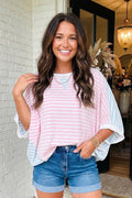 LAS Striped Dolman Sleeve Patchwork Oversize T Shirt (S-XL): Red Stripe / S