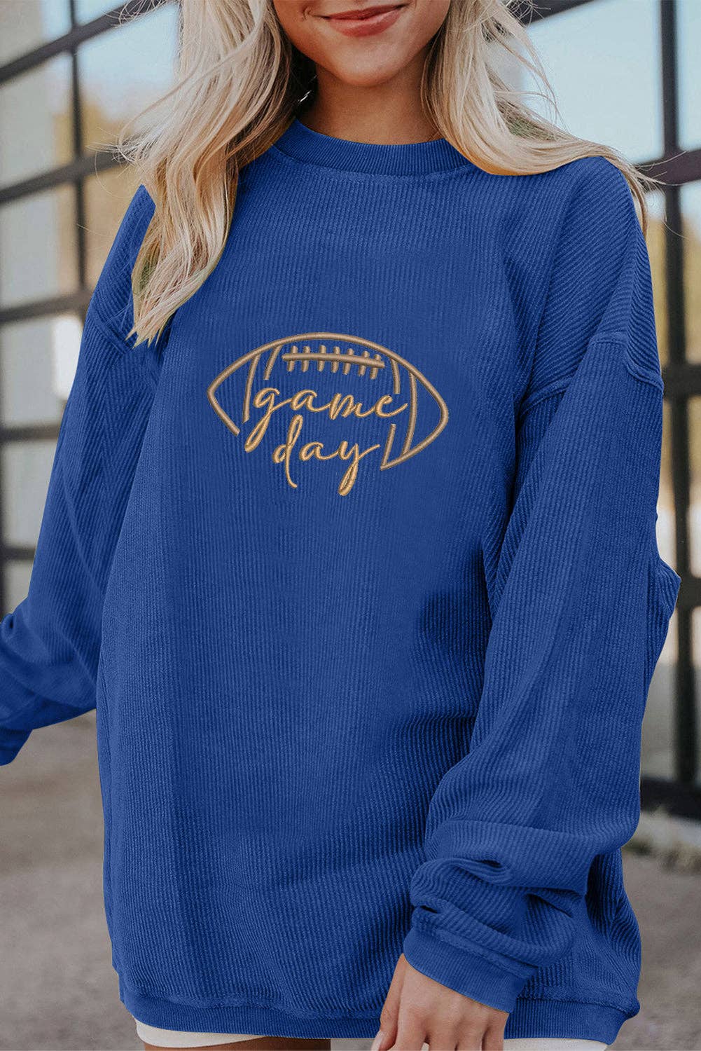 Game Day Oversized Ribbed Sweatshirt with Embroidery