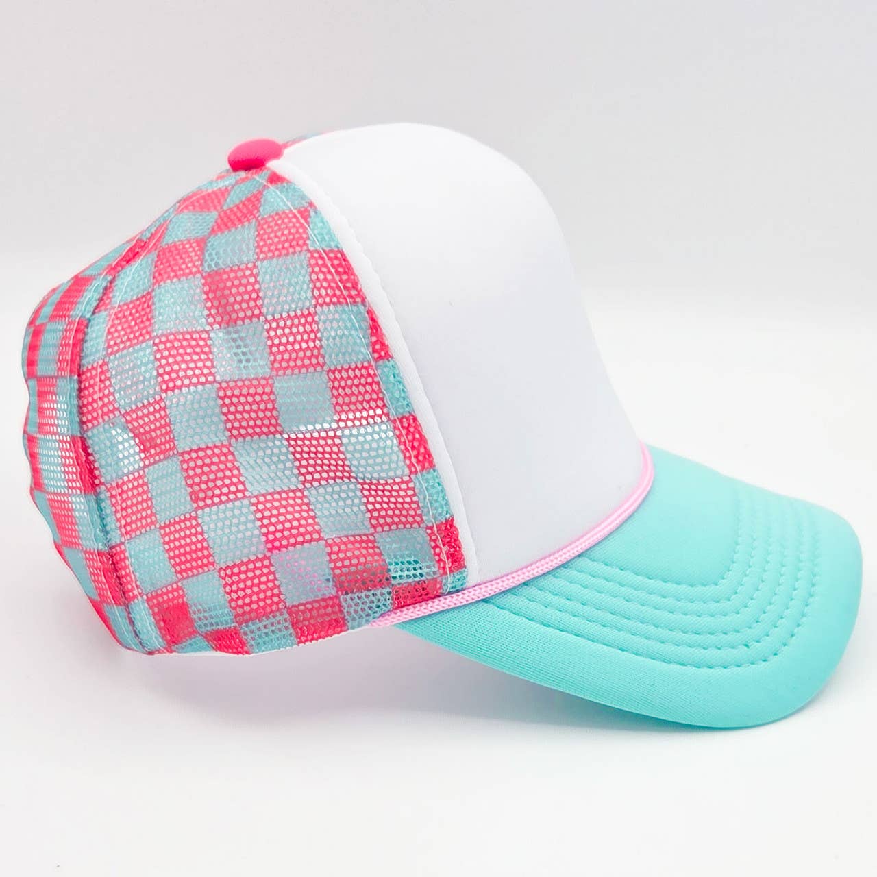 Neon Pink, Aqua & White Checkered Foam Trucker Hat