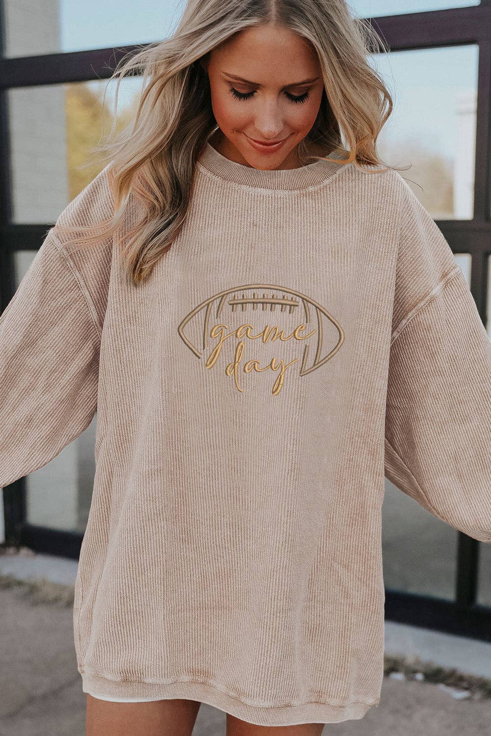 Game Day Oversized Ribbed Sweatshirt with Embroidery