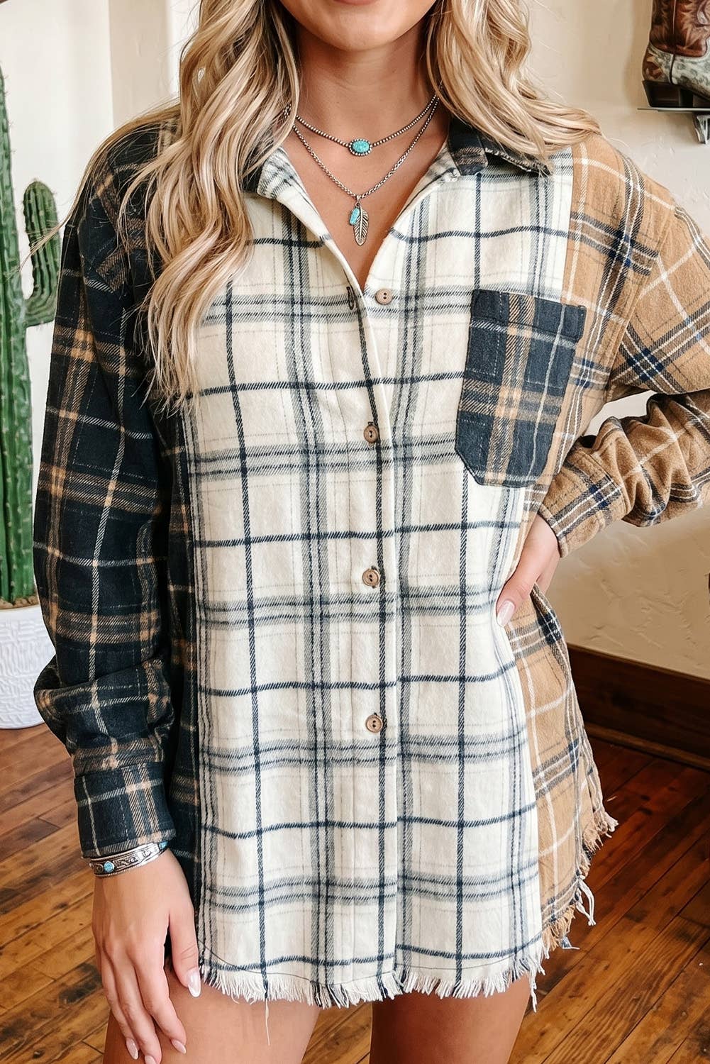 LDC Plaid Button-Up Long Sleeve Shift Silhouette Shacket