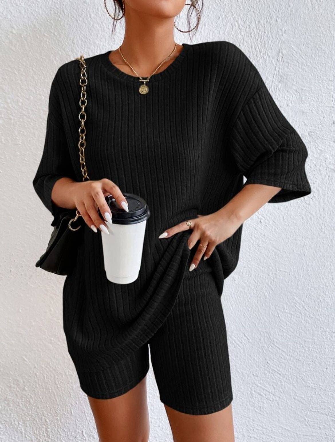 Solid ribbed oversized tee and biker shorts set