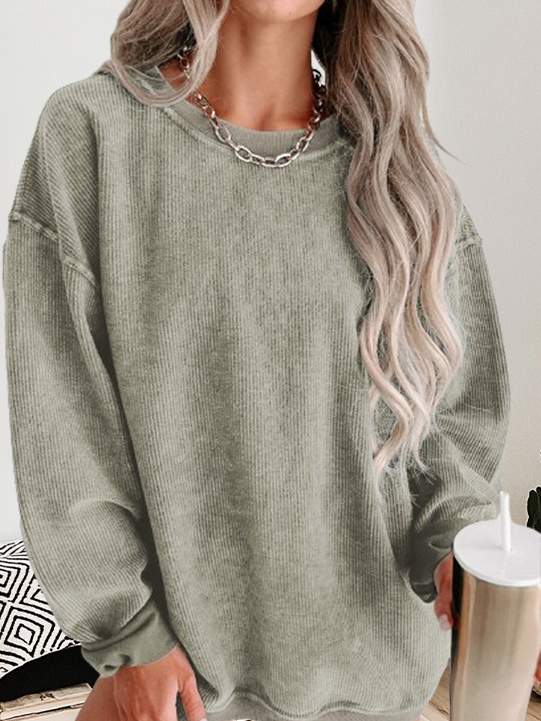 Round Neck Solid Ribbed Knit Pullover Sweatshirt