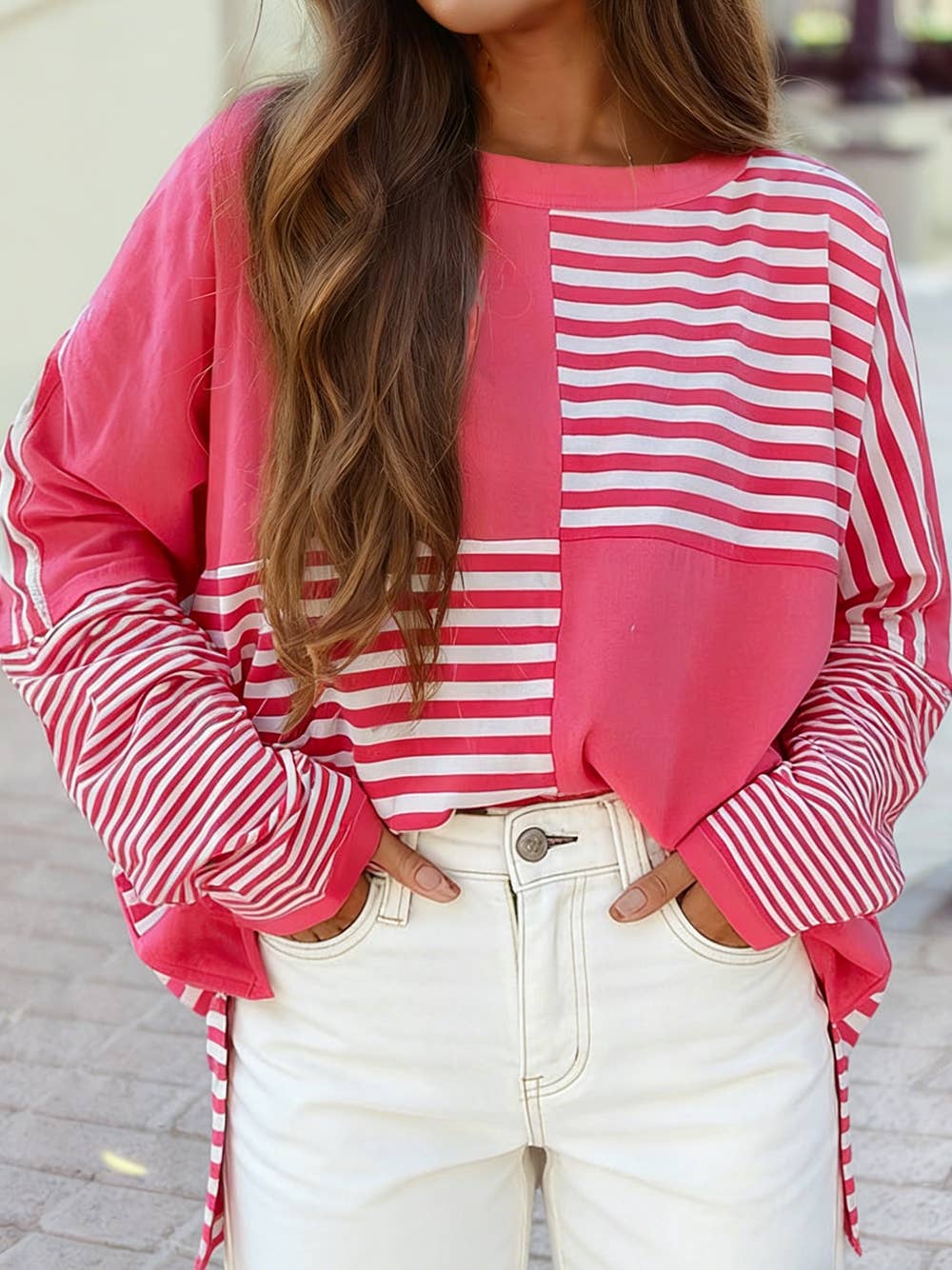 Colorblock Patchwork Drop Shoulder Long Sleeve Tunic Top