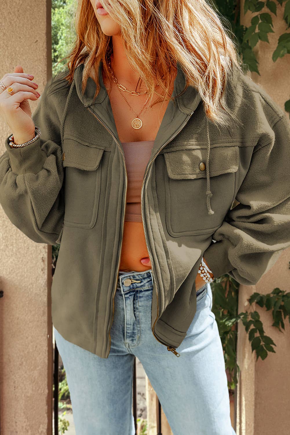 Pocket Drawstring Hood Zip Up Jacket - 6 Colors