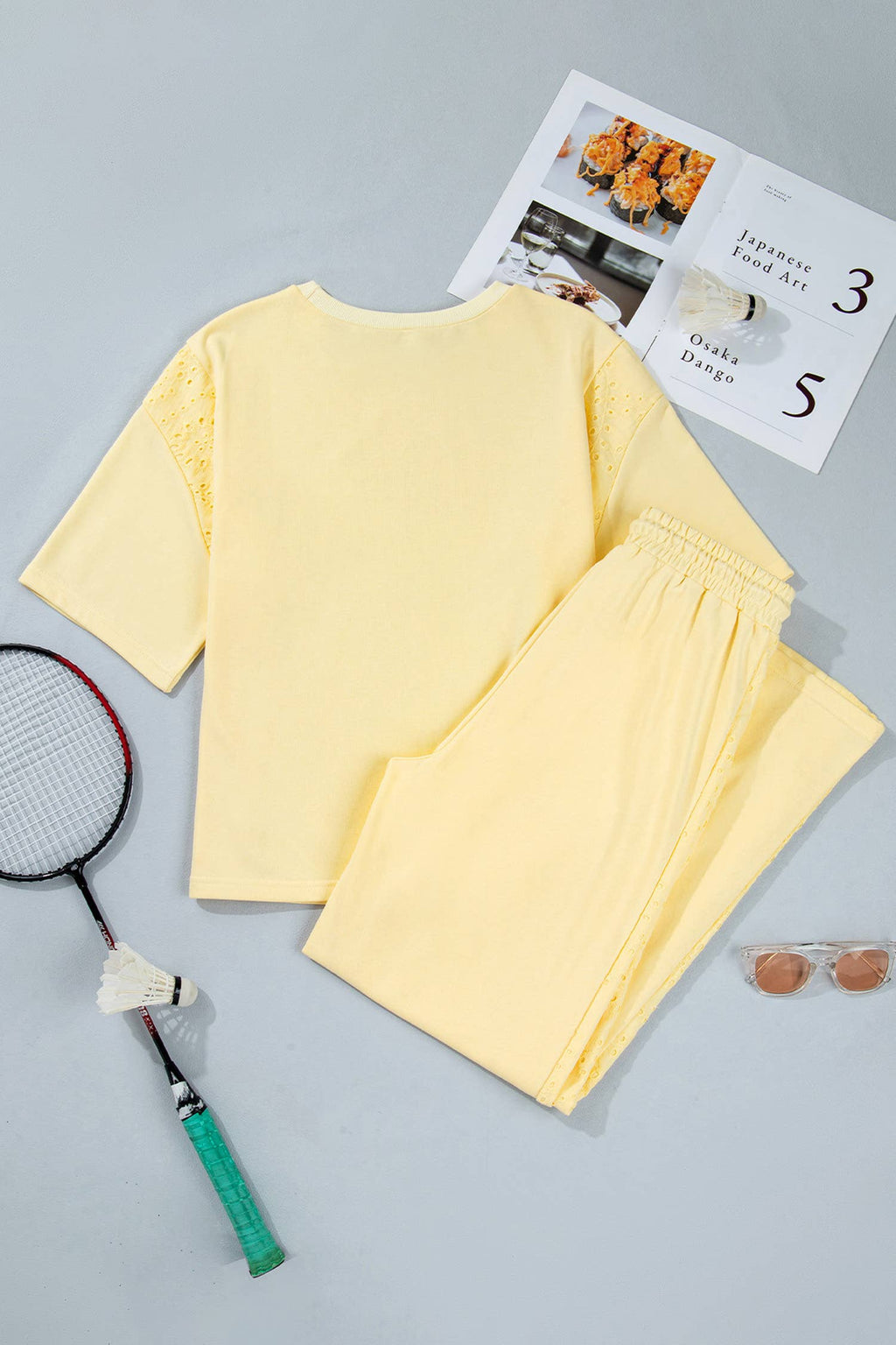 Yellow Eyelet Lace Lounge Set Oversized Tee Pants
