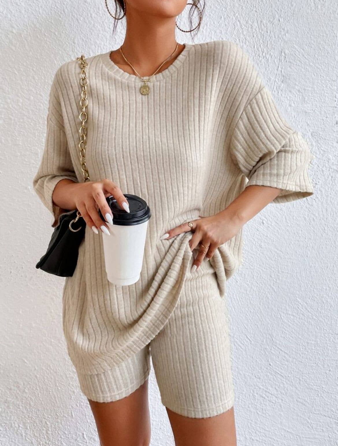 Solid ribbed oversized tee and biker shorts set