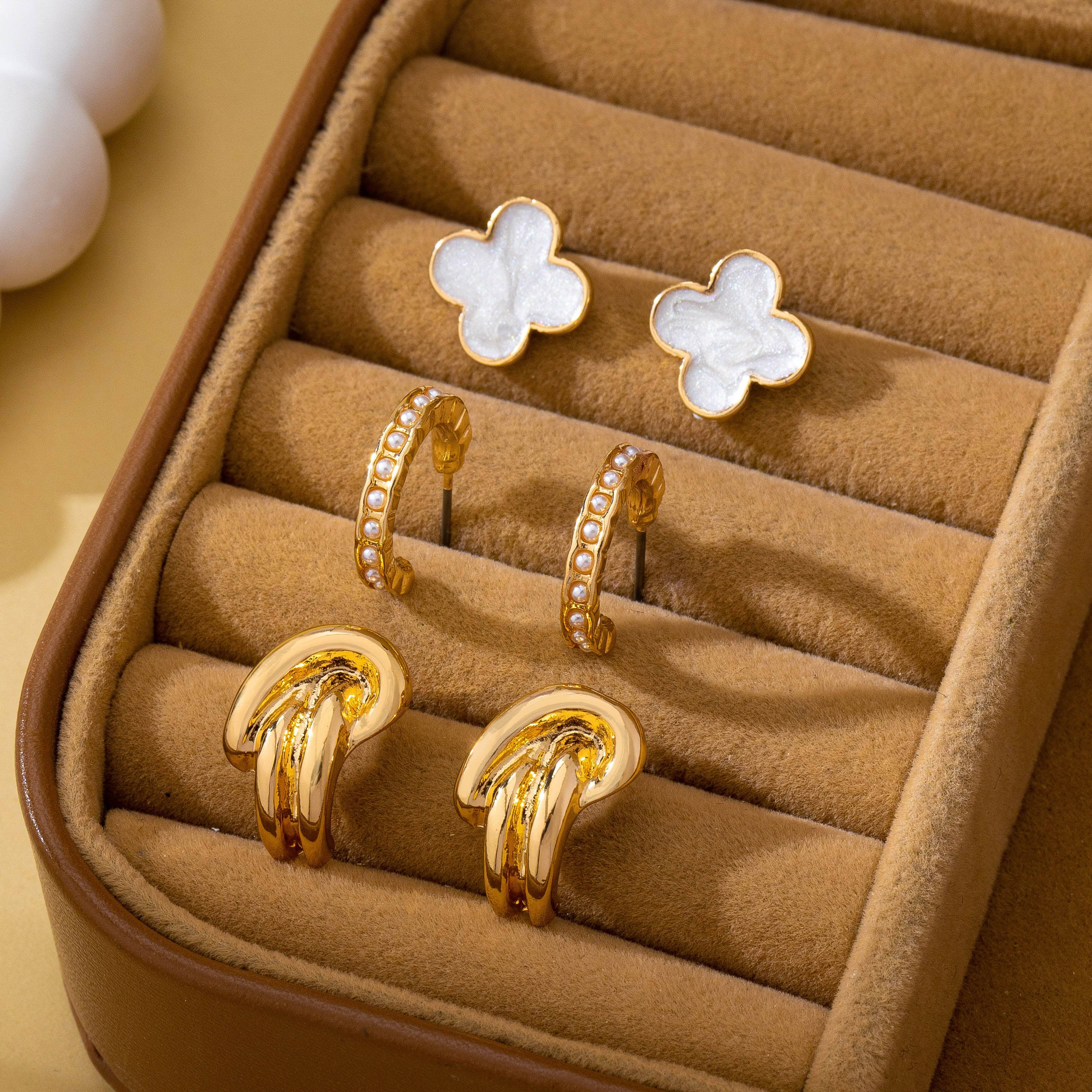 Gold-Tone Clover Pearl Huggie Hoop Earring Trio Set