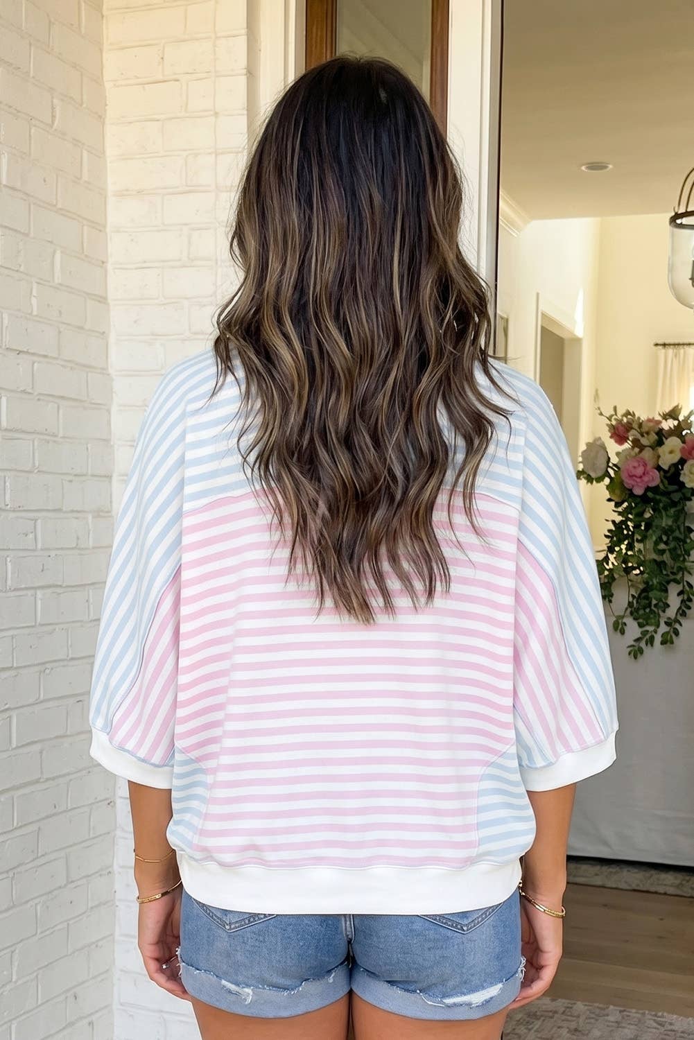 LAS Striped Dolman Sleeve Patchwork Oversize T Shirt (S-XL): Red Stripe / M