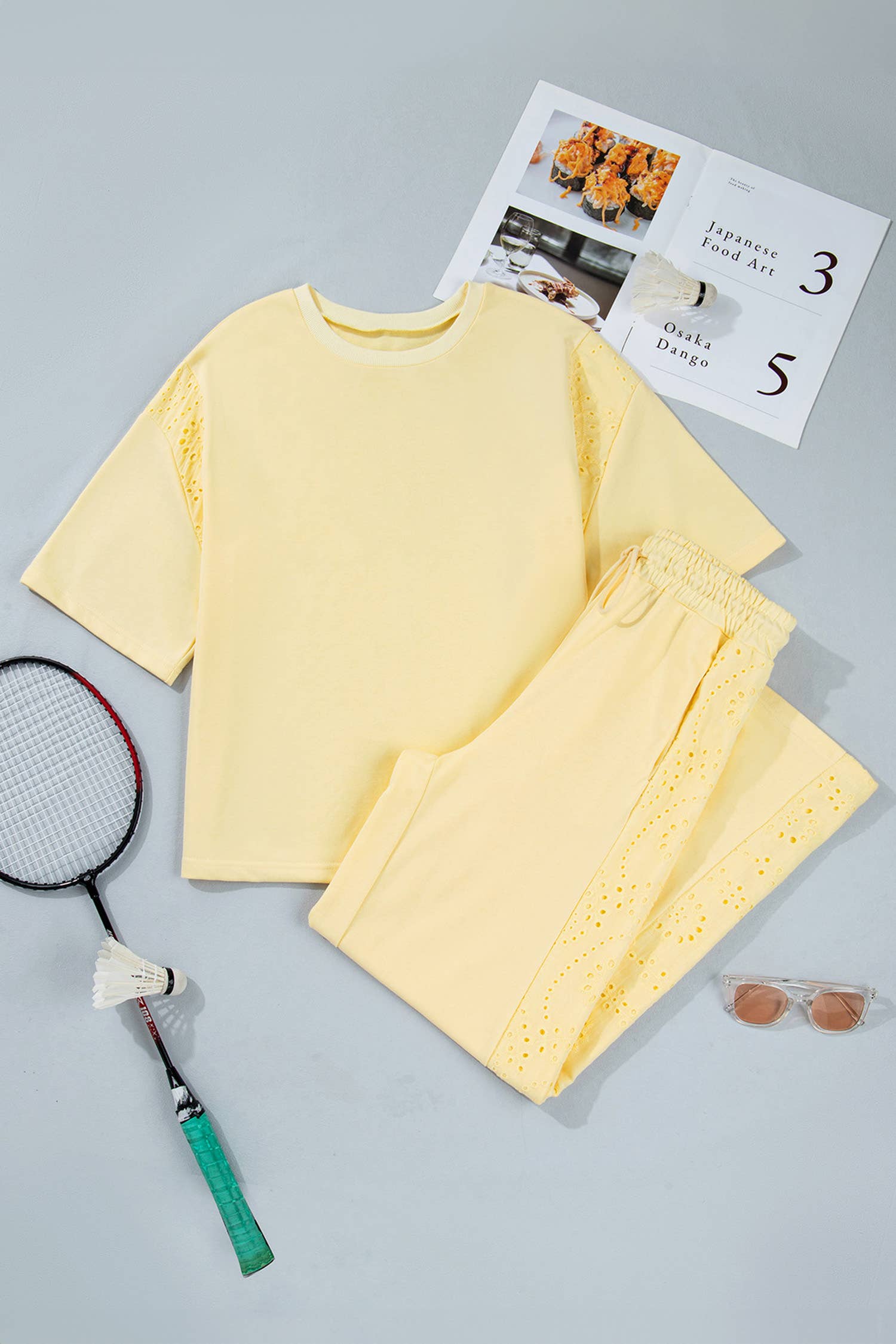 Yellow Eyelet Lace Lounge Set Oversized Tee Pants