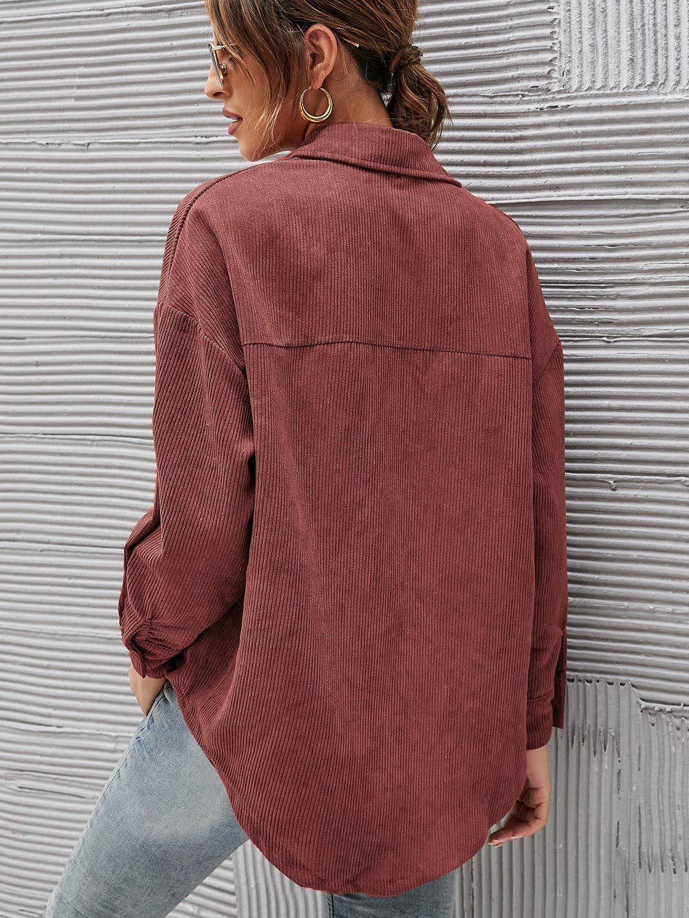 Oversized Corduroy Button-Up Shirt with Chest Pocket