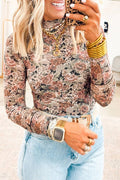 Vintage Floral Mesh Long Sleeve Mock Neck Slim Fit Top
