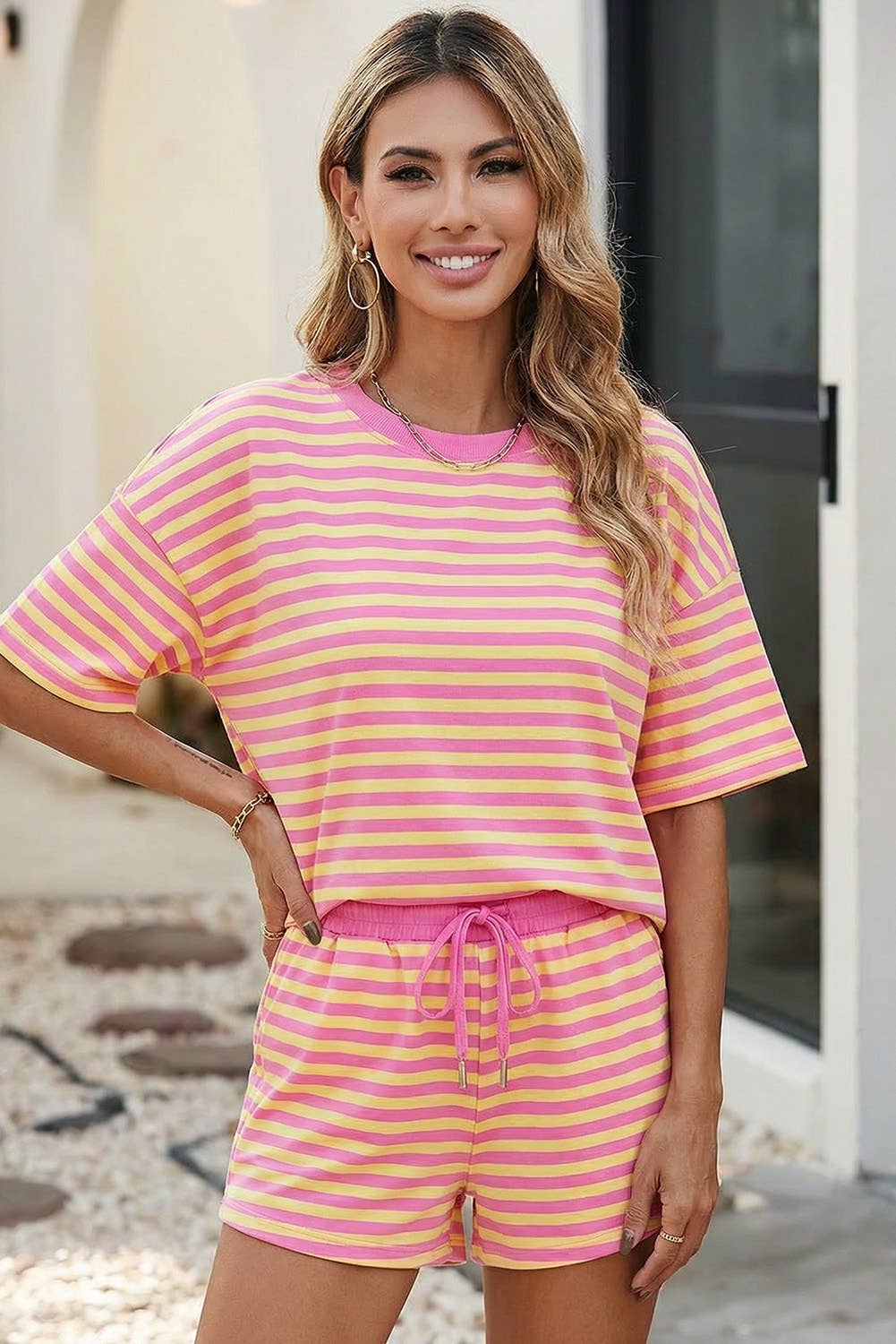 LDC Stripe Drop Shoulder Boxy Casual Terry Short Set