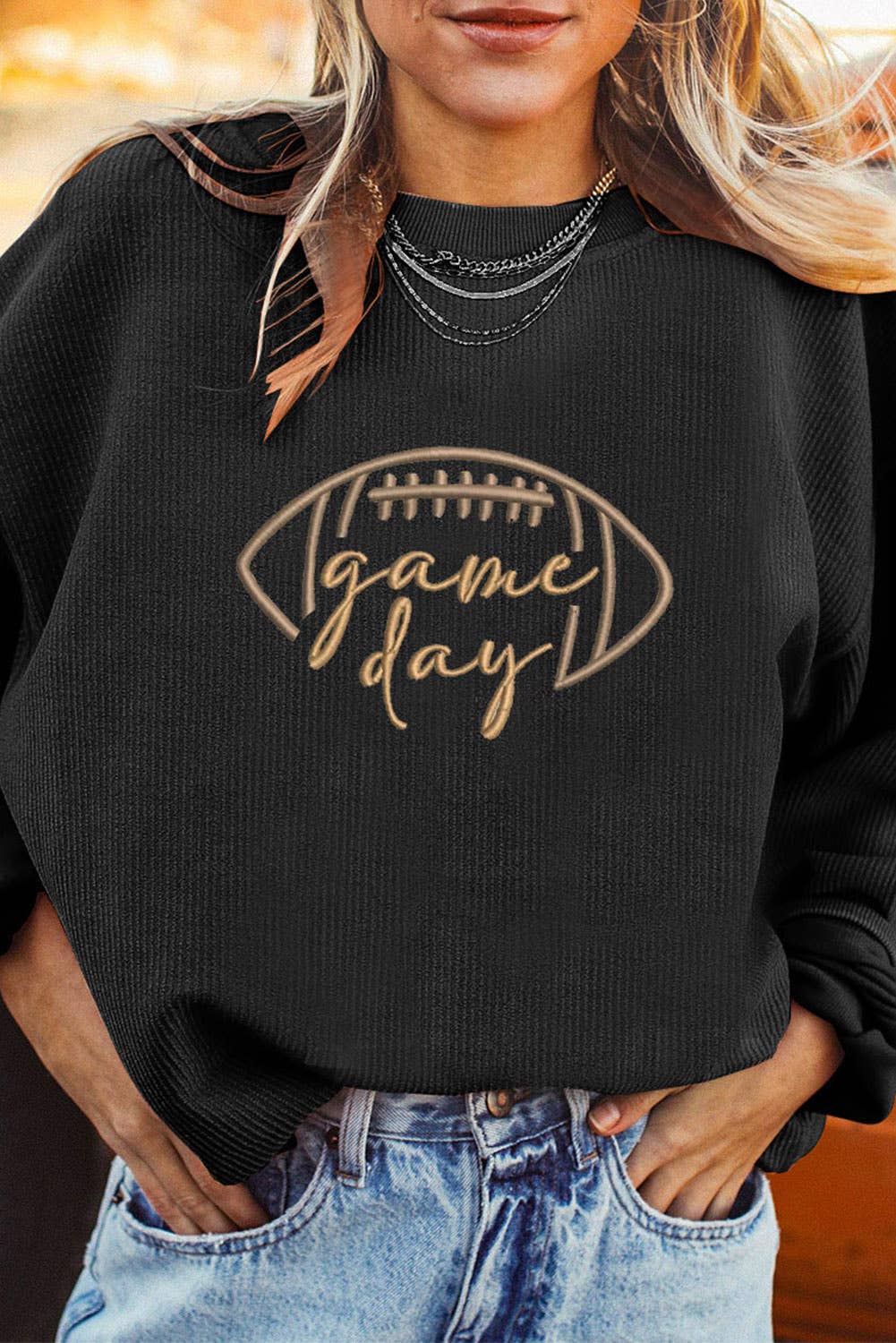 Game Day Oversized Ribbed Sweatshirt with Embroidery