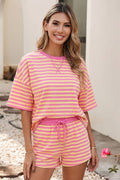 LDC Stripe Drop Shoulder Boxy Casual Terry Short Set: Rose Stripe / M