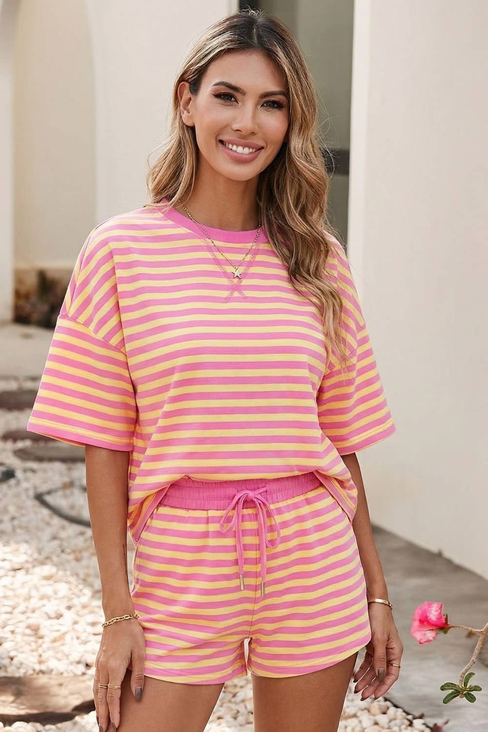 LDC Stripe Drop Shoulder Boxy Casual Terry Short Set