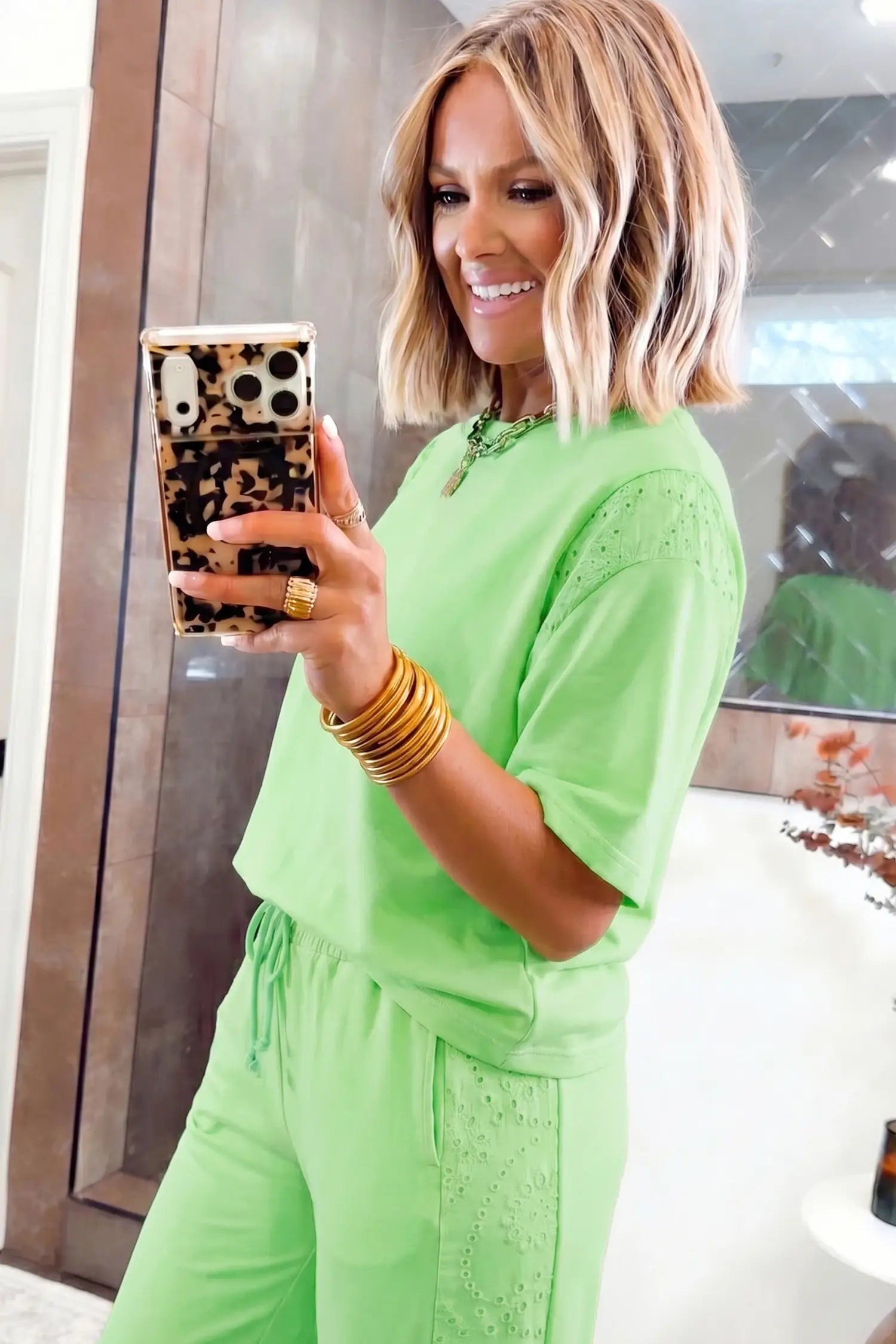 Yellow Eyelet Lace Lounge Set Oversized Tee Pants