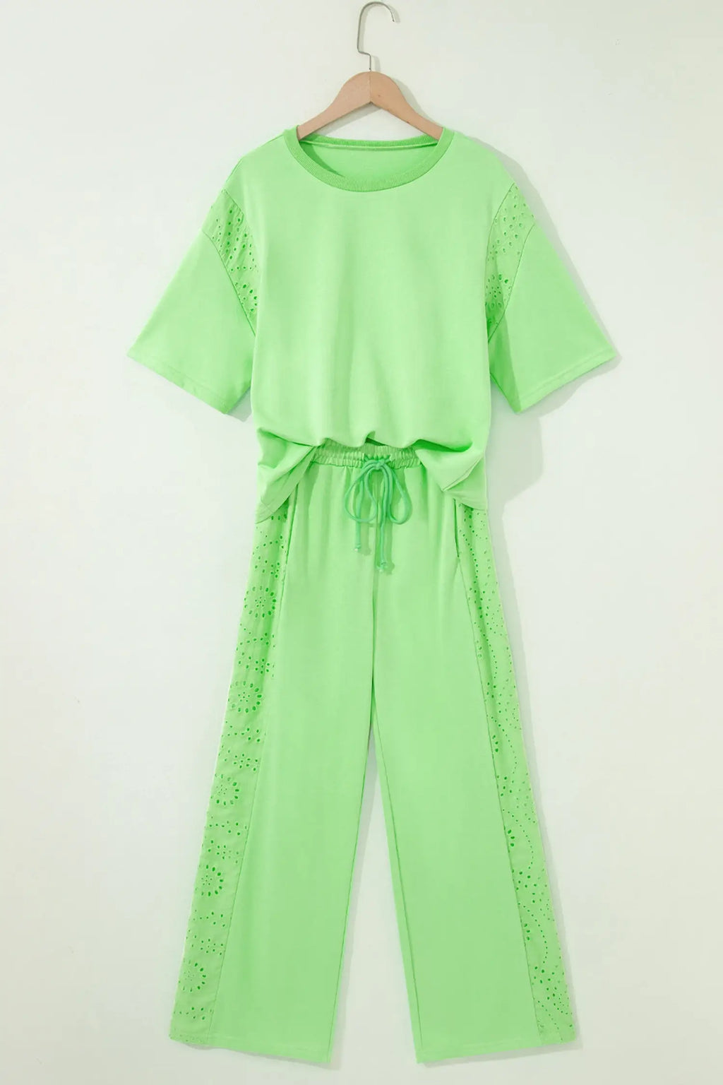 Yellow Eyelet Lace Lounge Set Oversized Tee Pants