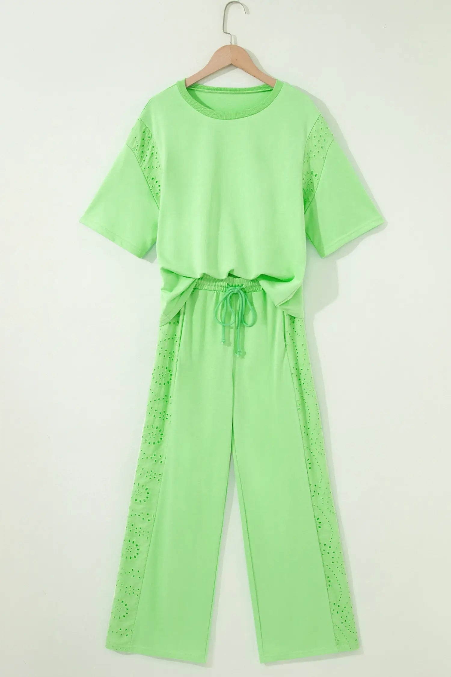Yellow Eyelet Lace Lounge Set Oversized Tee Pants