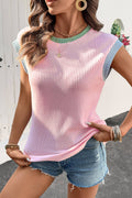 Color Block Corded Knit Crew Neck Tee: Pink / S