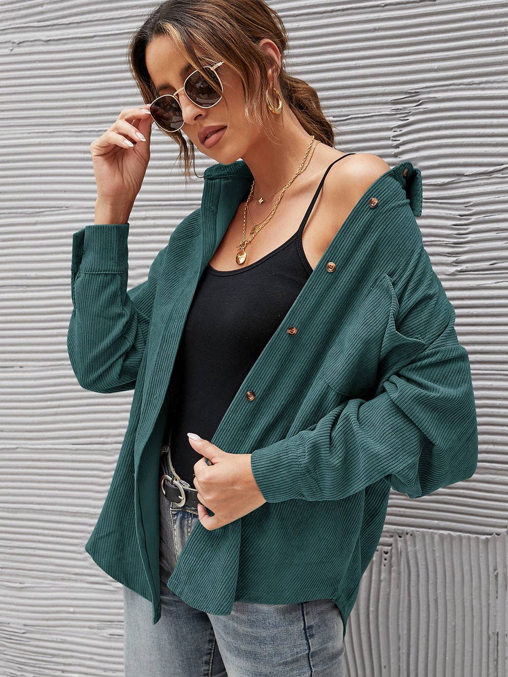 Oversized Corduroy Button-Up Shirt with Chest Pocket