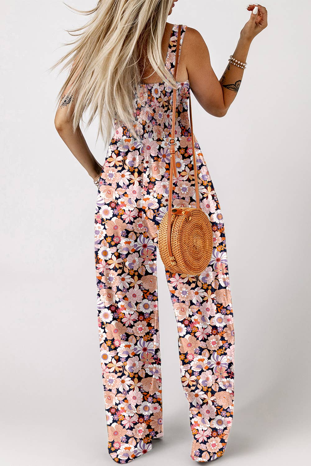 Square Neckline Stretch Waistband Printed Jumpsuit