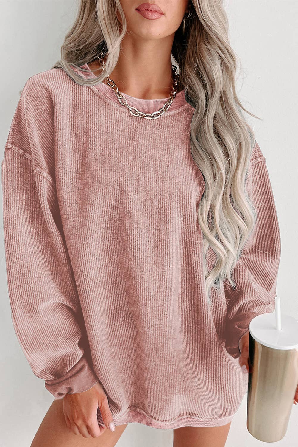 Round Neck Solid Ribbed Knit Pullover Sweatshirt