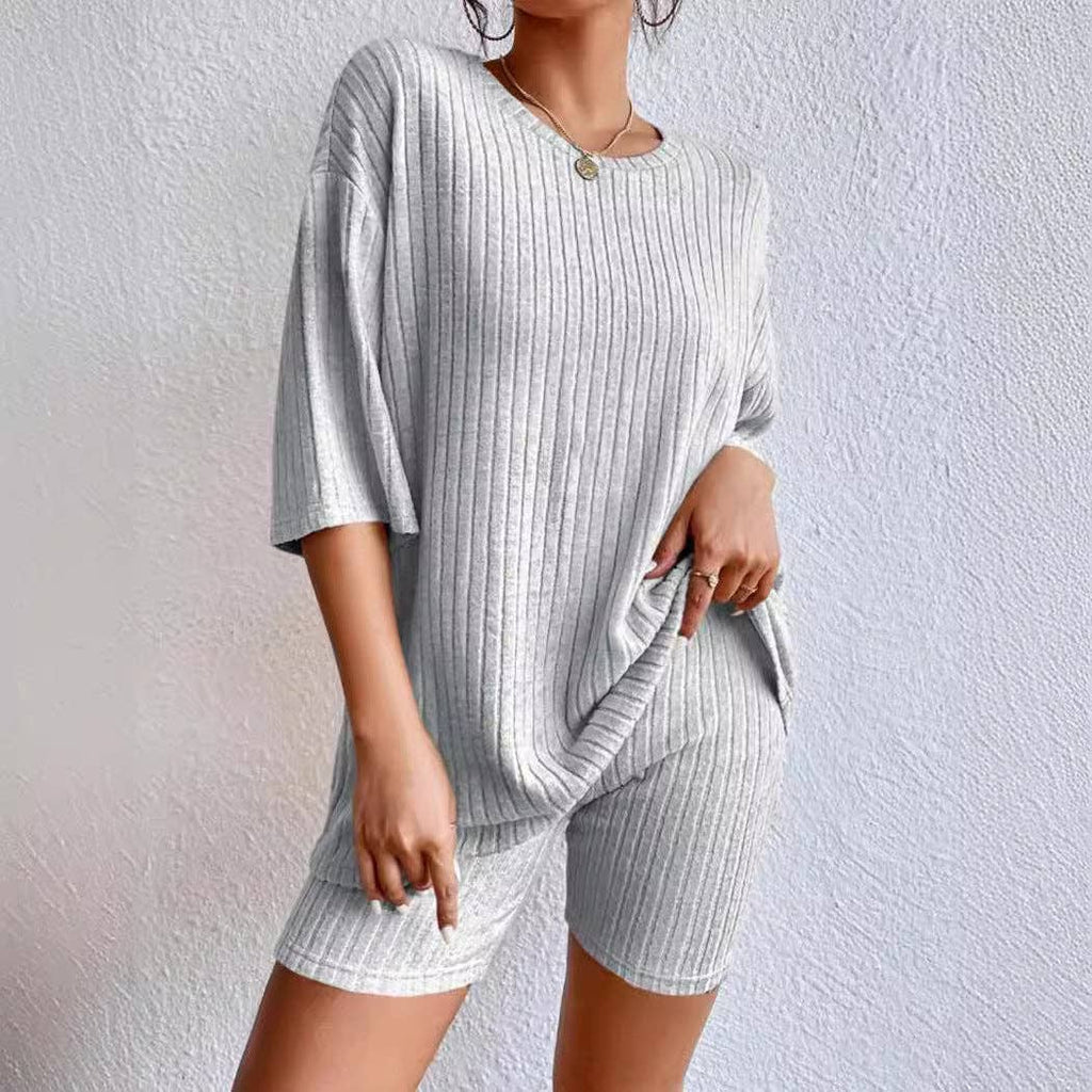 Solid ribbed oversized tee and biker shorts set