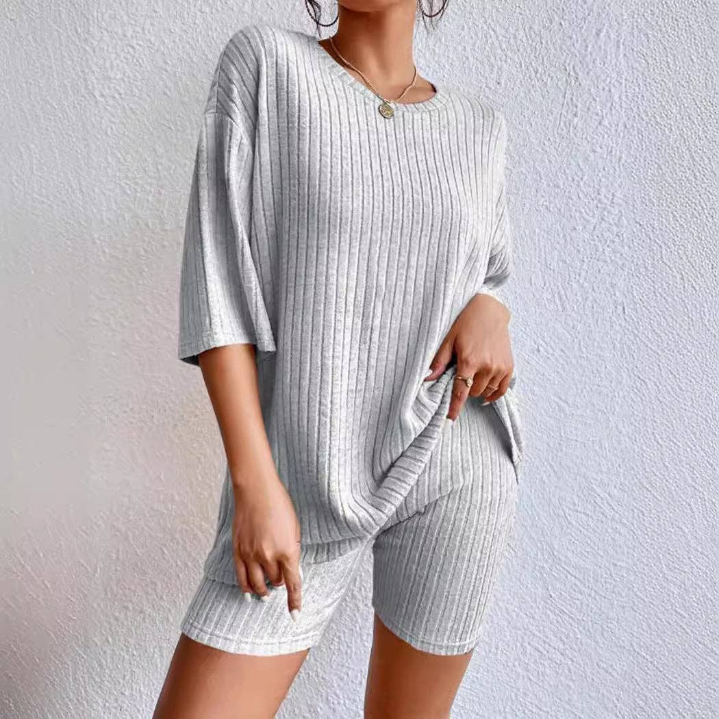 Solid ribbed oversized tee and biker shorts set