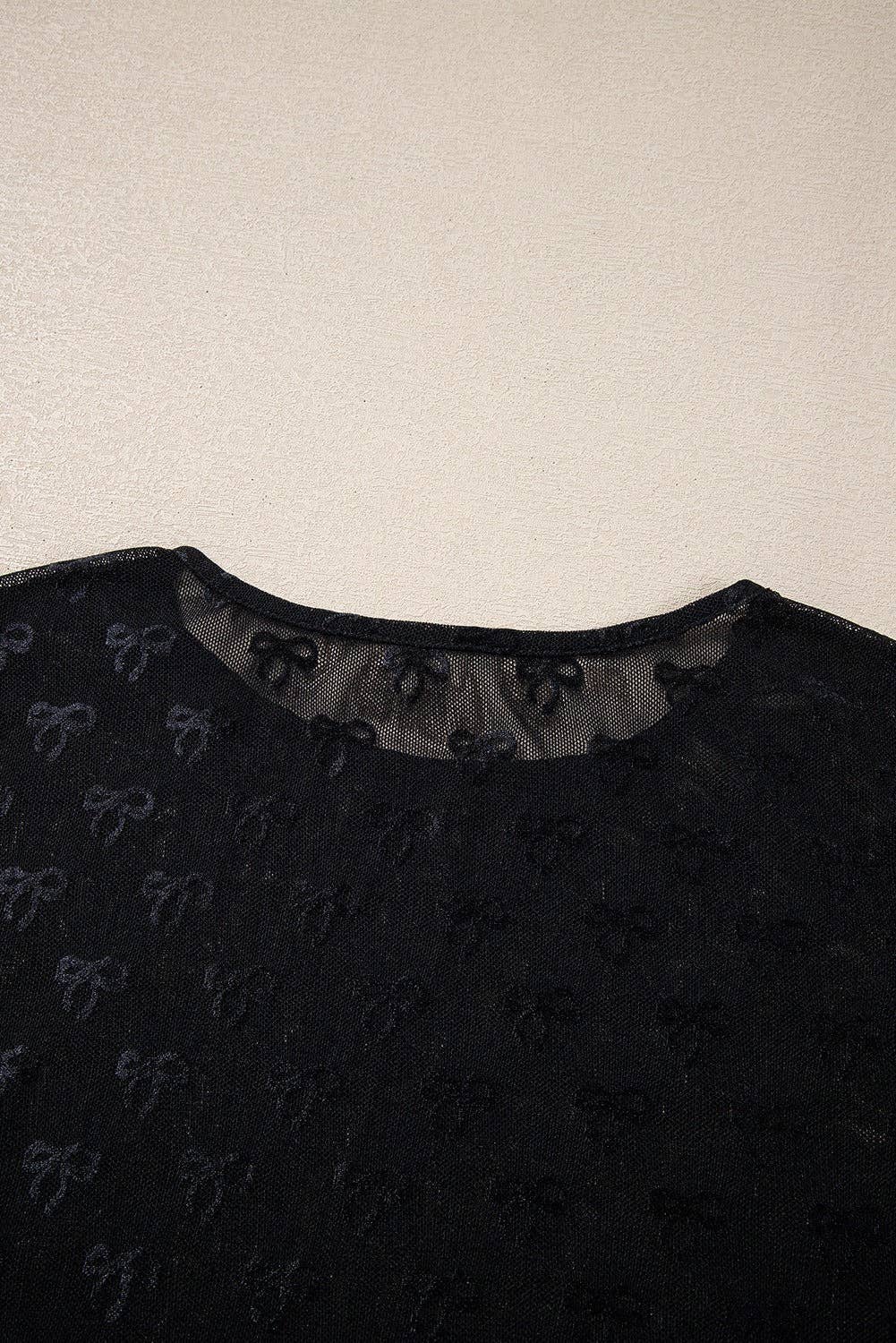 Sheer Mesh Bow Print Long Sleeve Top