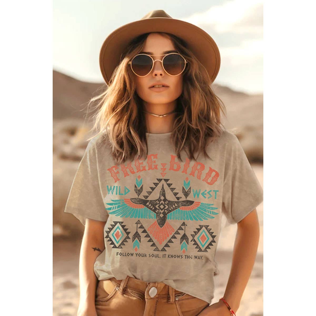FREE BIRD WILD WEST MINERAL GRAPHIC TOP: Mineral Taupe / S-M-L-XL(1-2-2-1)