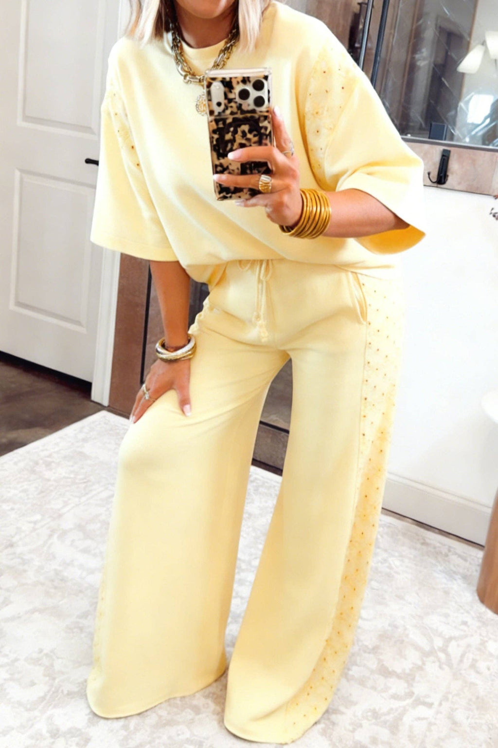 Yellow Eyelet Lace Lounge Set Oversized Tee Pants