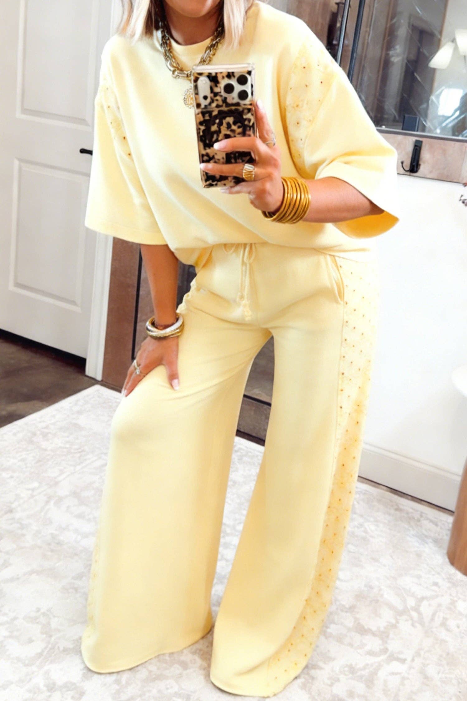 Yellow Eyelet Lace Lounge Set Oversized Tee Pants