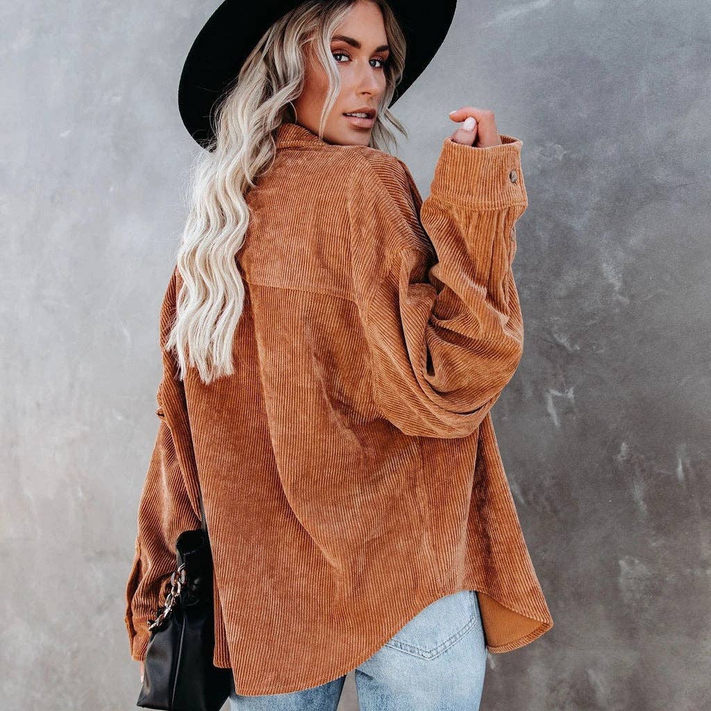 Oversized Corduroy Button-Up Shirt with Chest Pocket