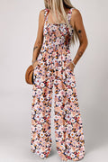 Square Neckline Stretch Waistband Printed Jumpsuit
