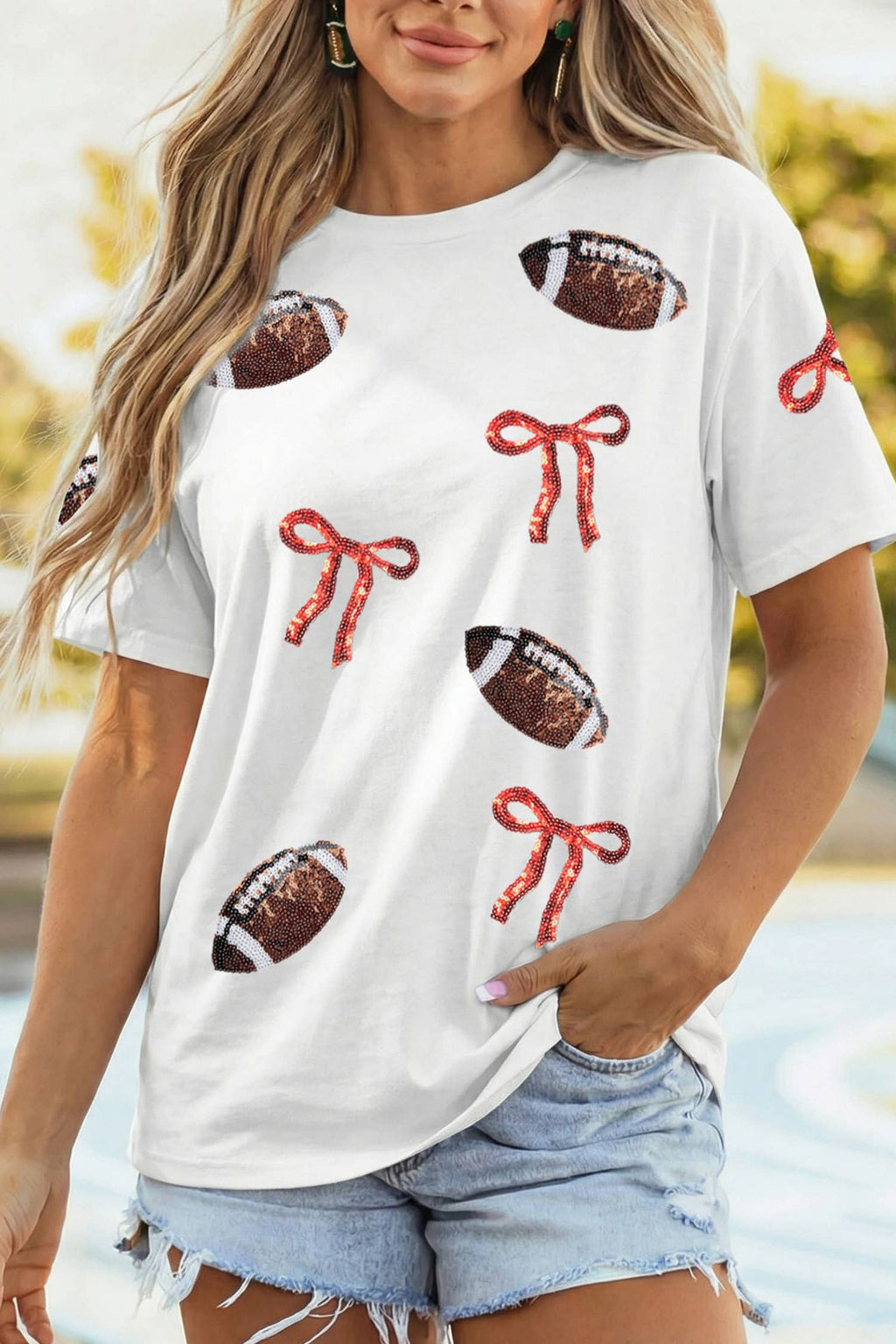 Sequin Rugby Bow Print Round Neck Casual Shift Tee