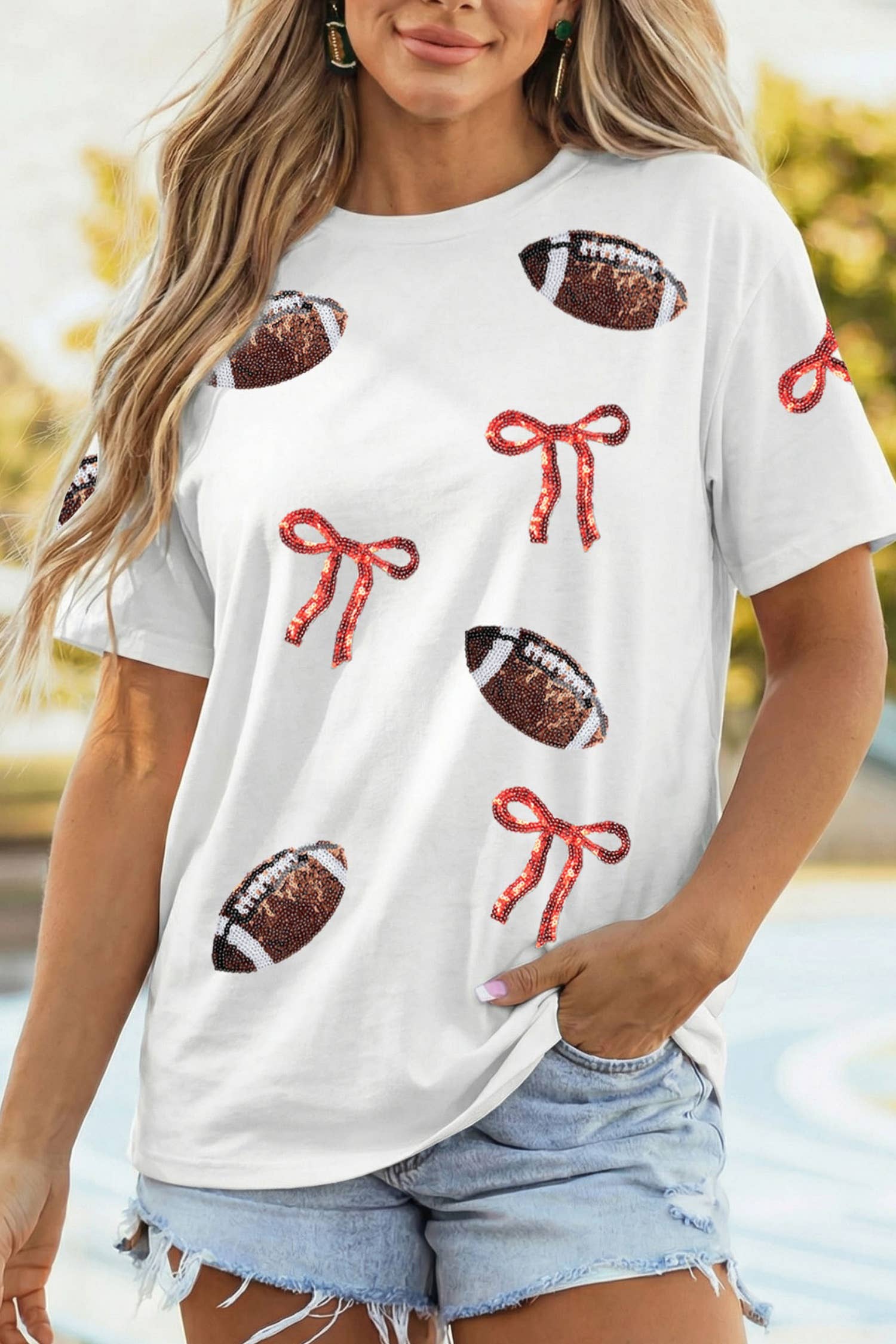Sequin Rugby Bow Print Round Neck Casual Shift Tee