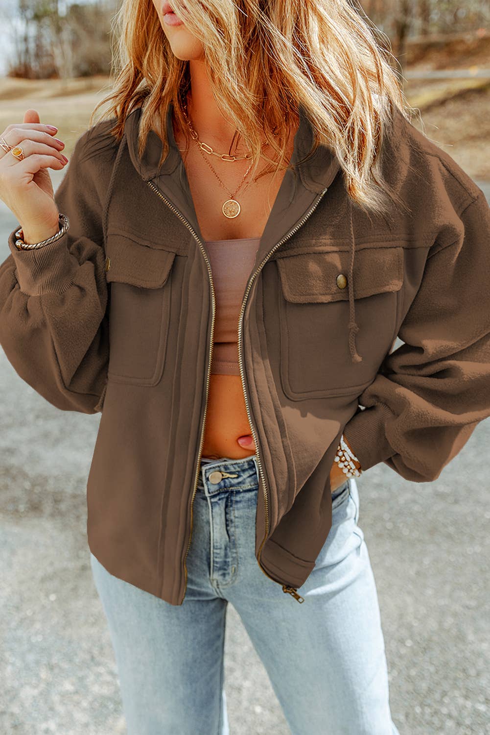 Pocket Drawstring Hood Zip Up Jacket - 6 Colors