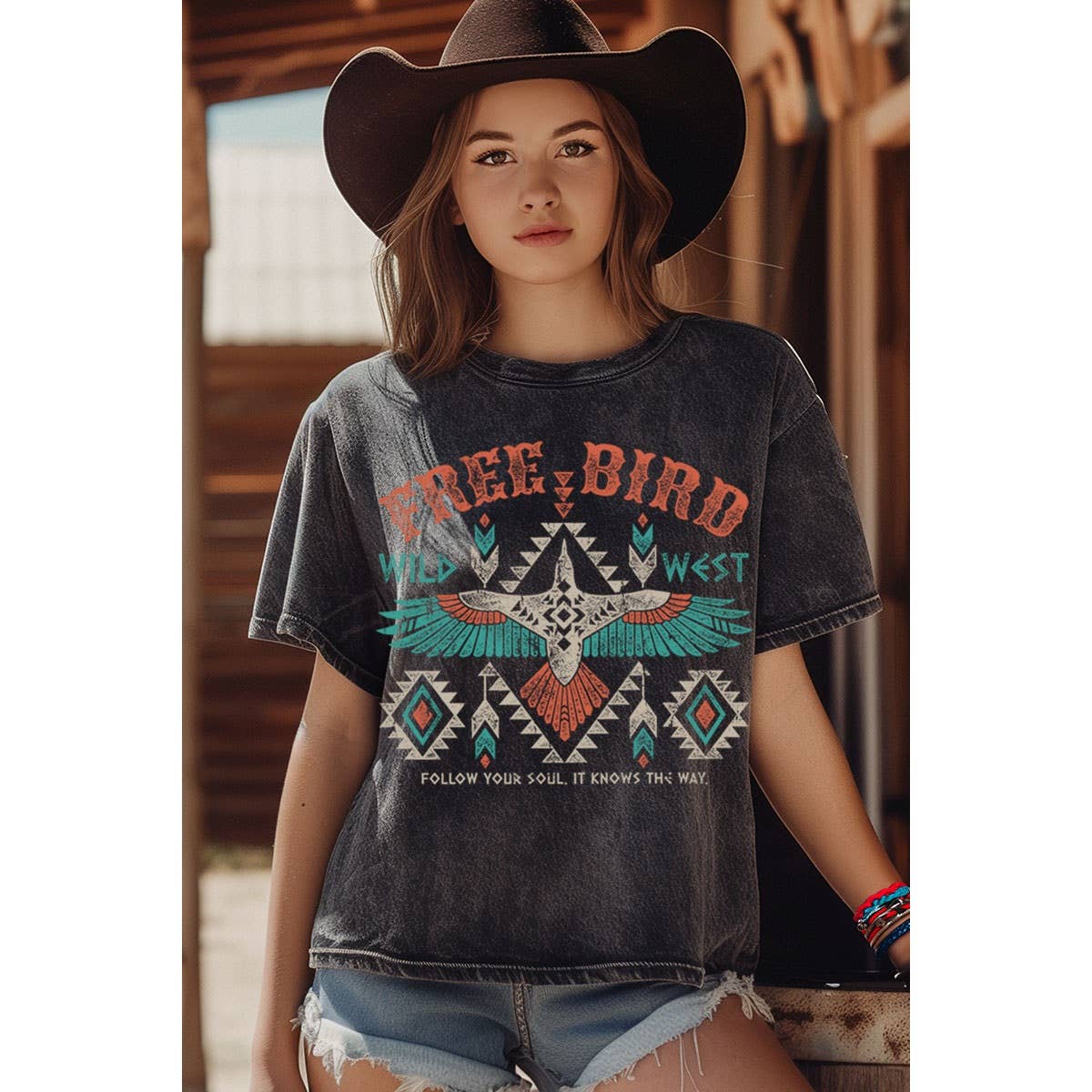 FREE BIRD WILD WEST MINERAL GRAPHIC TOP: Mineral Taupe / S-M-L-XL(1-2-2-1)