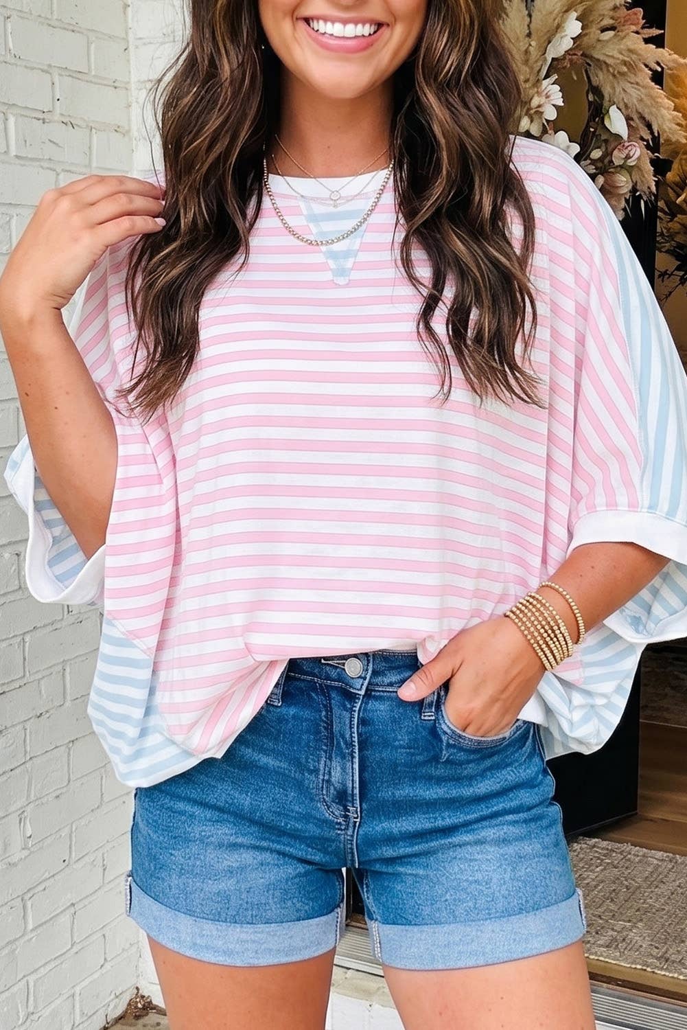 LAS Striped Dolman Sleeve Patchwork Oversize T Shirt (S-XL): Red Stripe / L