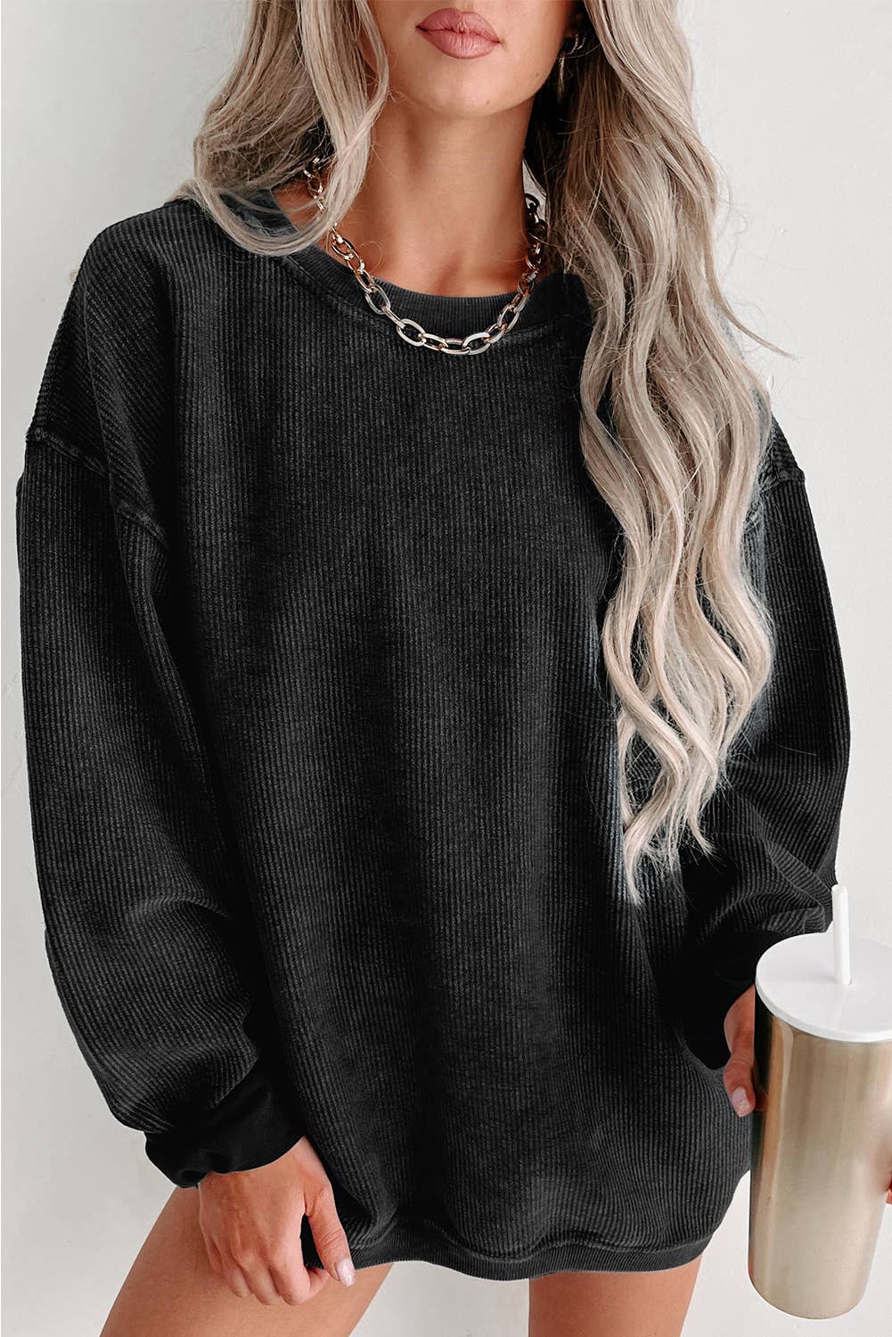 Round Neck Solid Ribbed Knit Pullover Sweatshirt