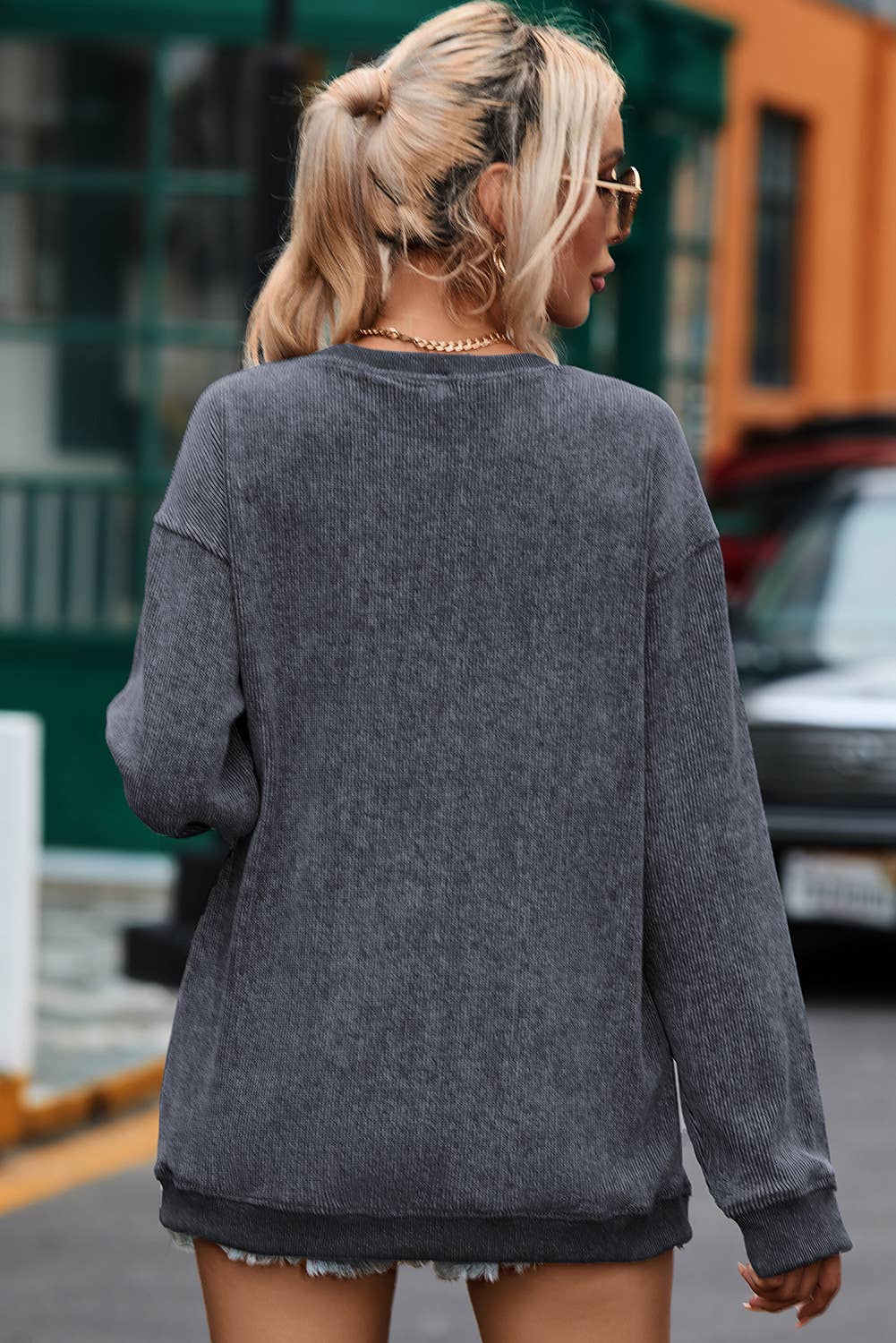 Round Neck Solid Ribbed Knit Pullover Sweatshirt