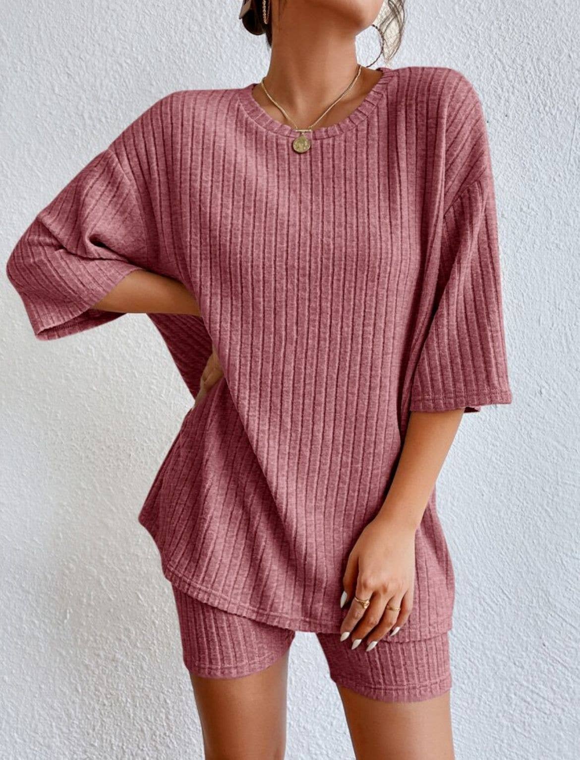 Solid ribbed oversized tee and biker shorts set
